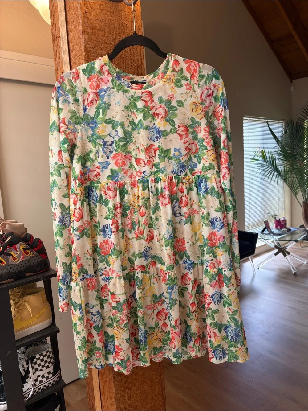 AFRM Floral Long-Sleeve babydoll dress White with Multicolor Flowers